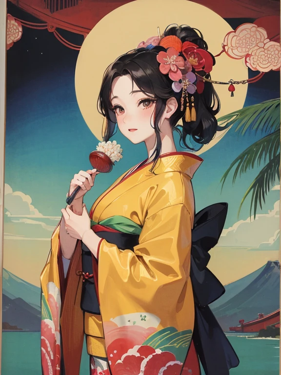 (Highest quality、masterpiece、High resolution、8K)、Vibrant colors、Ukiyo-e、Utamaro、Kimono Beauty、bridge、river、Mount Fuji in the distance、Japanese style scenery、Official Art、