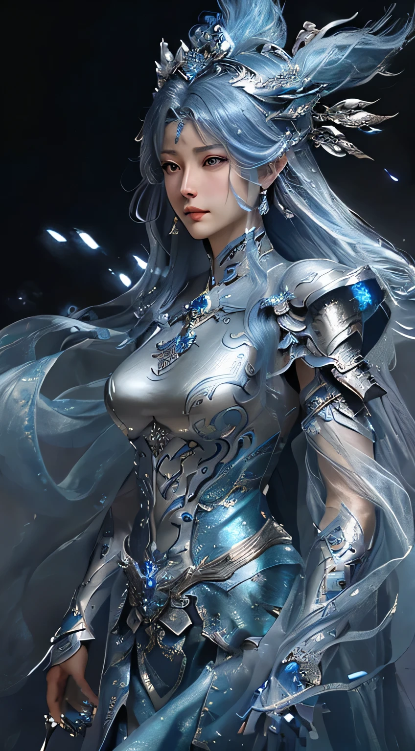 a close up of a woman in a silver and blue dress, chengwei pan on artstation, by Yang J, detailed fantasy art, stunning character art, fanart best artstation, epic exquisite character art, beautiful armor, extremely detailed artgerm, detailed digital anime art, artgerm on artstation pixiv, armor girl