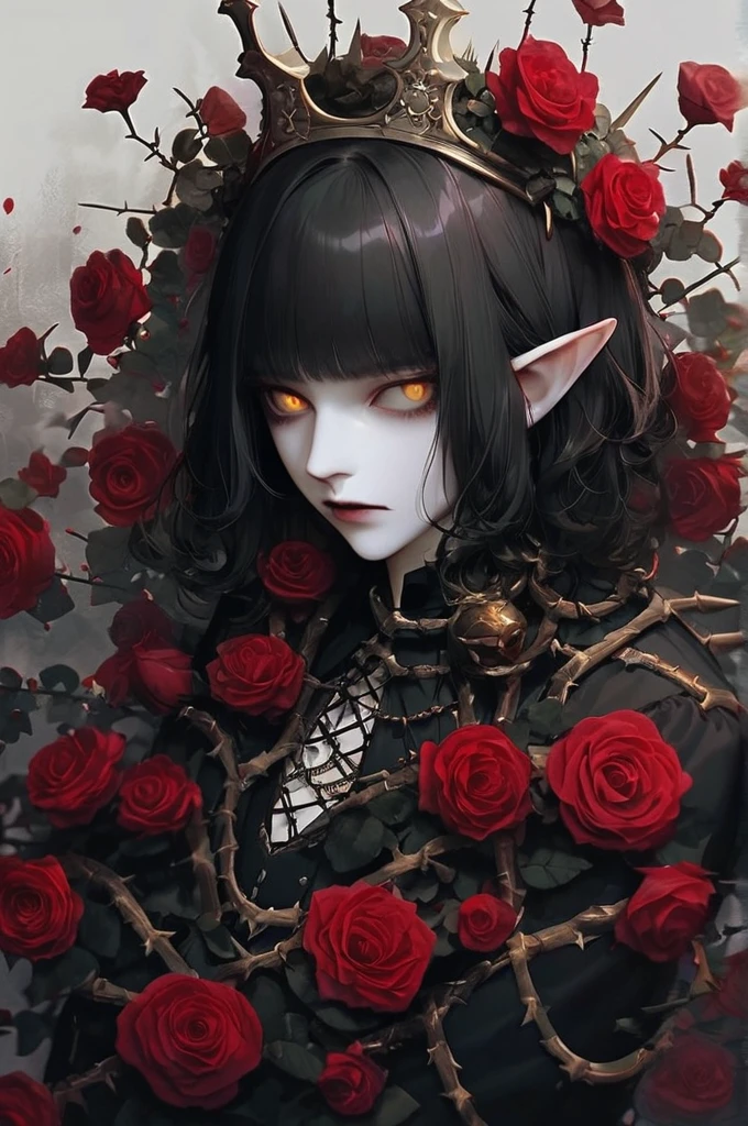 ((Лучшее качество)), ((шедевр)), (подробный), elf, vampire, black medium hair, gothic clothes, gothic, yellow eyes, blank stare, tall, medium hair, short bangs, pale skin, gothic style, blood, background of many bloody roses, lies in roses, bloody background, gothic aesthetics, curly black hair with bangs, decoration with spikes on the neck, a crown of thorns
