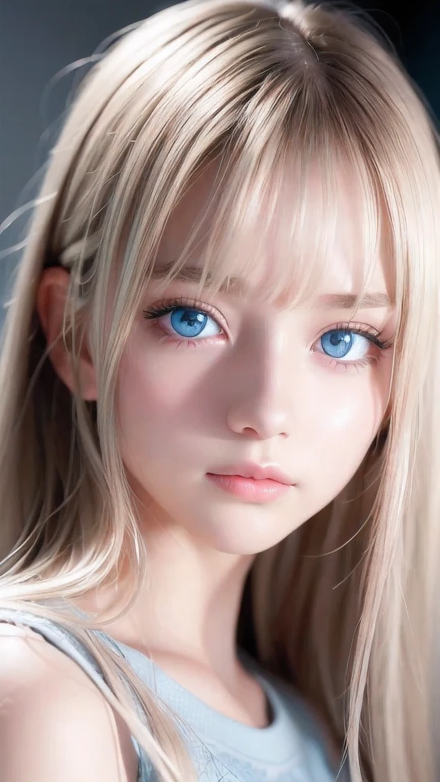 Dressed、(Photorealistic:1.4)、(ハイパーRealistic:1.4)、(Realistic:1.3)、(Smooth lighting:1.05)、(Improved cinematic lighting quality:0.9)、32k、1 Girl、Very cute expression、A beautiful 16 year old blonde girl、Bangs over the eyes、Realistic top lighting、Backlight、Face Light、Super long silky platinum hair、Blonde rays、(Bright light:1.2)、(quality improvement:1.4)、(Highest quality realistic textured skin:1.4)、Very beautiful detailed large shining light blue eyes、Very big eyes、Detailed face、A careful eye for quality、(Tired, sleepy and satisfied: 0.0)、Face close up、T-Shirts、(Enhances the body line:1.1)、(Enhances the beauty of skin texture:1.1)、Cheek gloss highlighter