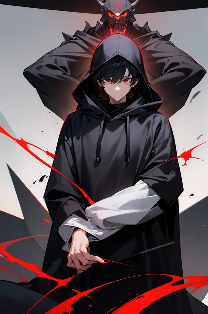 Man, man, tall, handsome, cool, beautiful, expressionless face, oversized hoodie, black clothes, black hoodie, black hair, black eyes, black shadow monster with red eyes behind the man
