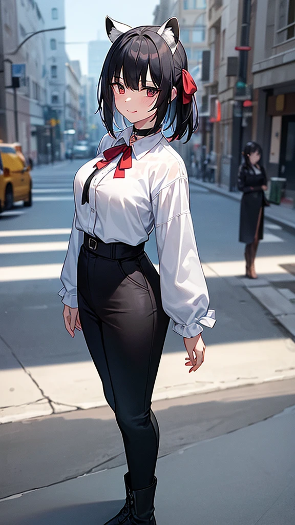 (work of art, best qualityer), 2d, 1 girl, medium sized breast, details Intricate, White hair, shorth hair, eyes black, gazing at viewer, Black raccoon ears, raccoon tail, black hair ribbon, hand on own face, Red shirt, black pants, cowboy shot, black trim, Black boots, standing, ssmile, gazing at viewer, gaping mouth, ever forward, city background, choker, snowy background