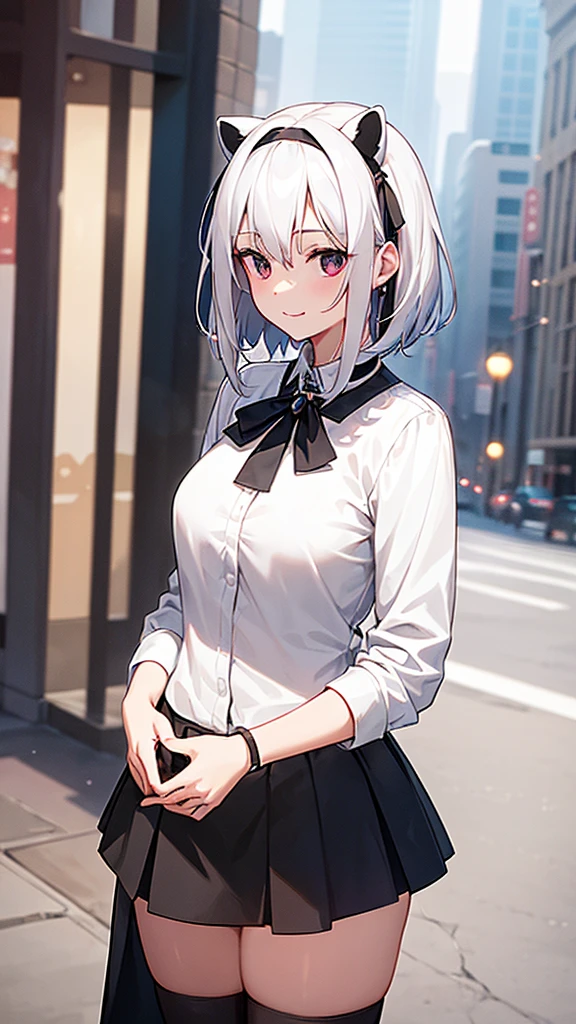 (work of art, best qualityer), 2d, 1 girl, medium sized breast, details Intricate, White hair, shorth hair, eyes black, gazing at viewer, Black raccoon ears, raccoon tail, black hair ribbon, hand on own face, Red shirt, black pants, cowboy shot, black trim, Black boots, standing, ssmile, gazing at viewer, gaping mouth, ever forward, city background, choker, snowy background