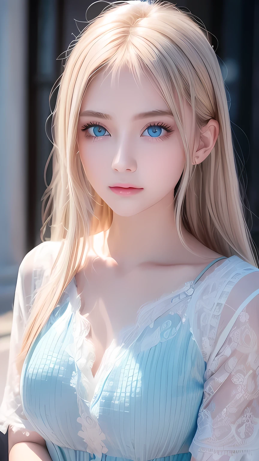 Dressed、(Photorealistic:1.4)、(ハイパーRealistic:1.4)、(Realistic:1.3)、(Smooth lighting:1.05)、(Improved cinematic lighting quality:0.9)、32k、1 Girl、Very cute expression、A beautiful 16 year old blonde girl、Bangs over the eyes、Realistic top lighting、Backlight、Face Light、Super long silky platinum hair、Blonde rays、(Bright light:1.2)、(quality improvement:1.4)、(Highest quality realistic textured skin:1.4)、Very beautiful detailed large shining light blue eyes、Very big eyes、Detailed face、A careful eye for quality、(Tired, sleepy and satisfied: 0.0)、Face close up、T-Shirts、(Enhances the body line:1.1)、(Enhances the beauty of skin texture:1.1)、Cheek gloss highlighter