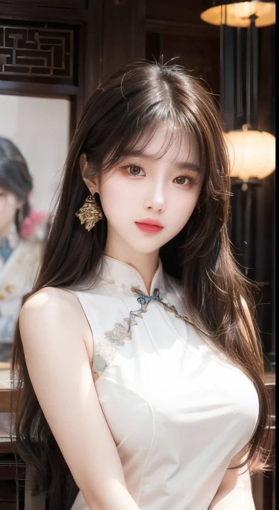 (((Brown long hair))), (The Louvre Museum), The pose is seductive, (Surrealism), (illustration), (Improve resolution), (8 Kurds), (Extremely detailed), (Best illustration), (Beautiful and delicate eyes), (best quality), (Ultra Detailed), (On the table ), ( wallpaper), (Delicate face), Solitary, 1 female, Fine details, Delicate face, Deep Shadows, Low profile, Purebred face_v1, 微lol, 46 points side bangs、Big necklace、Big earrings、lol、Fine-rimmed glasses、Very sexy woman,Exquisite。(Slim waist) :1.3)、((cheongsam))、Beautiful and smooth skin、Texture、Flowing hair,Large Breasts,