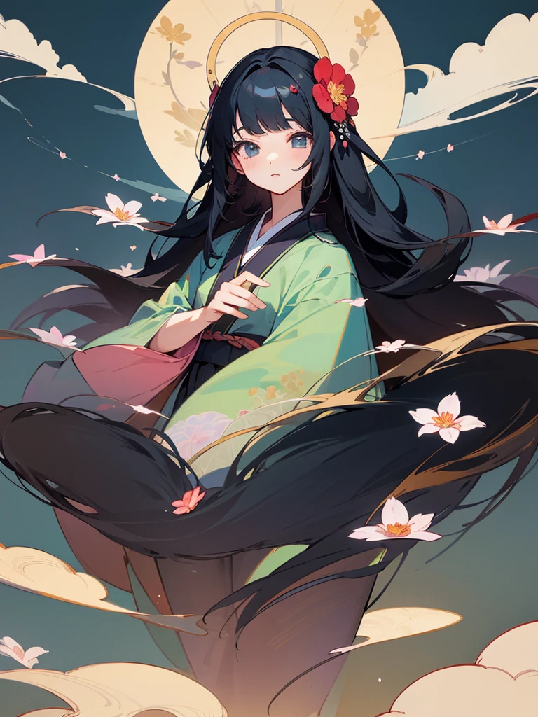 Highest quality)), ((masterpiece)), (detailed), One girl, Anime illustration、Japan girls、Long hair / black hair、Flower pattern hair ornament、It's summer、The scenery is a town with goldfish scooping、Wearing a yukata、