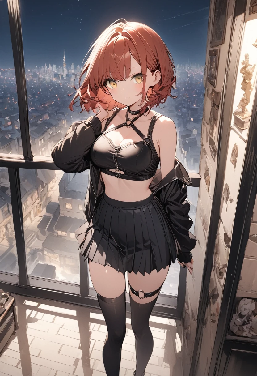 table top, highest quality,figure, wallpaper, Super detailed, absurd, 1 girl, alone, ( short red hair, yellow eyes), detailed and beautiful eyes , (street:1.3), hair blowing in the wind,(panoramic view:1.3),(sense of depth:1.5),(long shot:1.3) girl standing on balcony looking at the city at night, wearing open sexy clothes, black skirt, Black stockings, long sleeves, chest harness, black shirt, crop top, skirt, Shoes, O-Ring, midriff, off shoulder, medium breasts, thigh strap, pleated skirt (skirt blowing in the wind) looking up at the sky