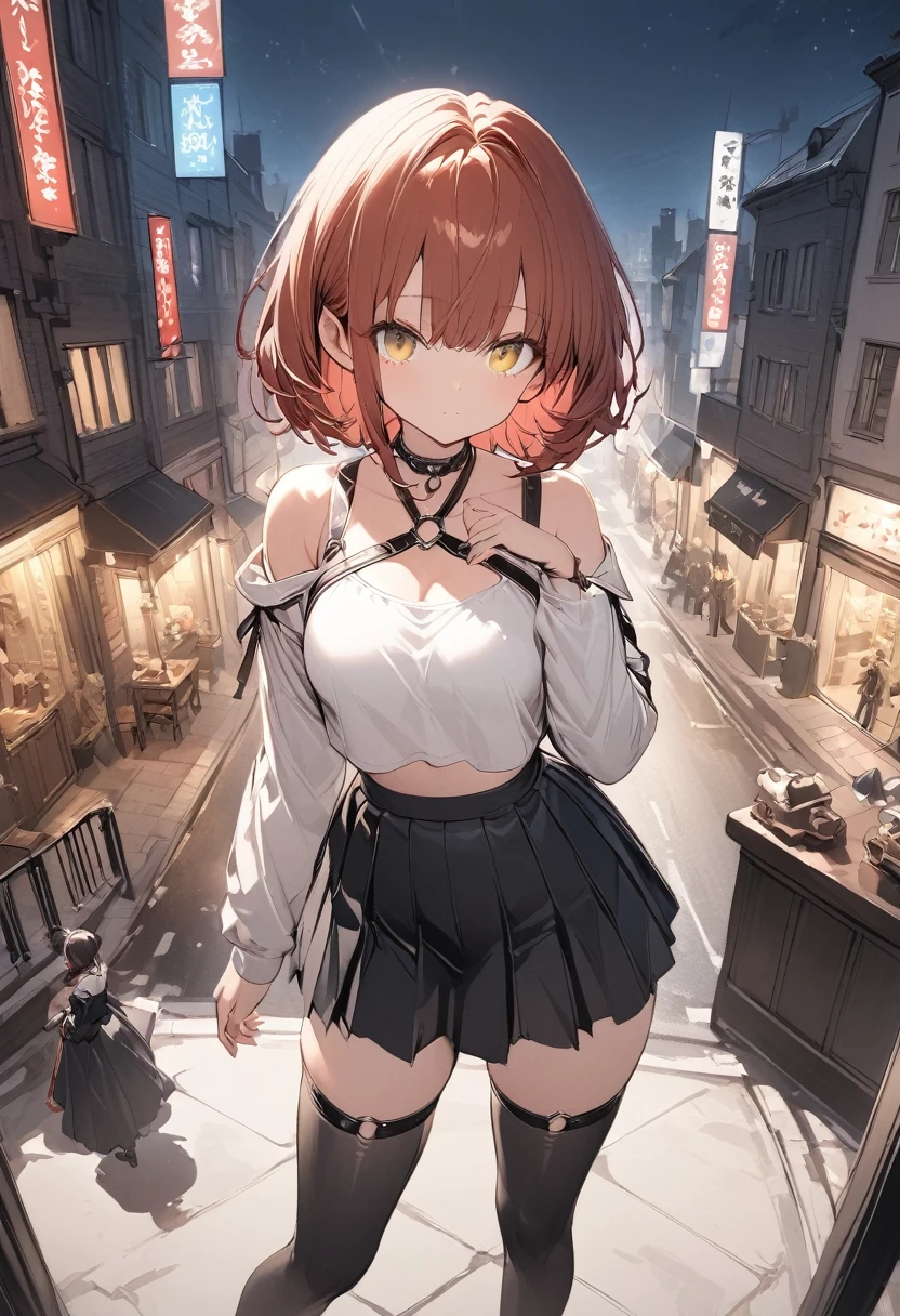 table top, highest quality,figure, wallpaper, Super detailed, absurd, 1 girl, alone, ( short red hair, yellow eyes), detailed and beautiful eyes , (street:1.3), hair blowing in the wind,(panoramic view:1.3),(sense of depth:1.5),(long shot:1.3) girl standing on balcony looking at the city at night, wearing open sexy clothes, black skirt, Black stockings, long sleeves, chest harness, black shirt, crop top, skirt, Shoes, O-Ring, midriff, off shoulder, medium breasts, thigh strap, pleated skirt (skirt blowing in the wind) looking up at the sky