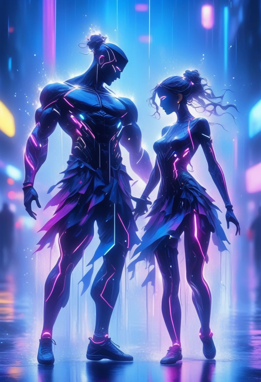 ((Masterpiece)), ((Best Quality)), (Very Detailed), ((Very Detailed)), 4K, (8K), very aesthetic, absurdres highres, A scene in which a pair of dancers dance in the pouring rain in an abstract background. Neon-colored silhouettes are illuminated by lines of light and reflected in puddles. is being, cyborg, android,
