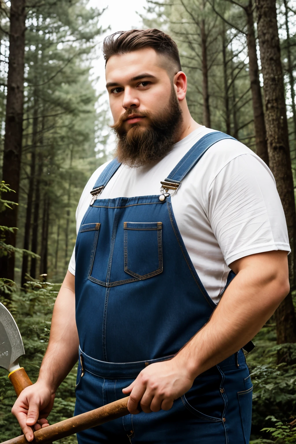 Create a realistic image of a man who is 1.80 meters tall, weighs 120 kilograms, dressed in denim overalls, with a beard, holding an axe in the middle of a forest.