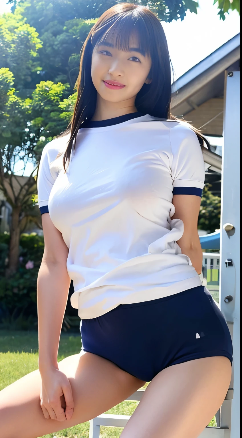 alone、high school girl、White skin、Natural Makeup、Black Hair、bangs、Straight Long Hair、(((White short-sleeved T-shirt on the upper body)))、(((Long white gym clothes)))、(((Very tight bloomerid rise bloomers)))、(((Navy Bloomer)))、(((Tuck the bottom of your gym clothes into your bloomers)))、Big Breasts、Big Ass、(((School grounds)))、(((Realistic fingers)))、(((Realistic style)))、((Perfect figure))、(((upright)))、(((Looking Ahead)))