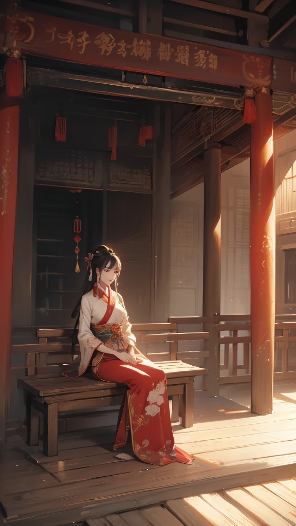 A woman sits on a bench in the room, palace ， Girl wearing Hanfu, Gu Weiss, Popular on cgstation, artwork in the style of Gu Weiss, Gu Weiss masterpiece, Beautiful character painting, Wearing Chinese clothes, Elegant posture, Gu Weiss on artstation pixiv, Beautiful rendering of the Tang Dynasty