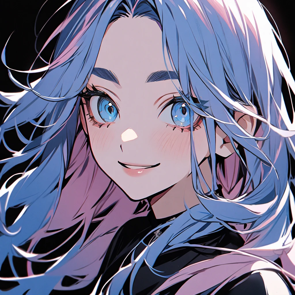 1 girl in Tokyo Revengers style, light pink hair, long hair,blue hair tips, light blue eyes,black bodycon blouse, smiling at the viewer,tilted face, black backdrop