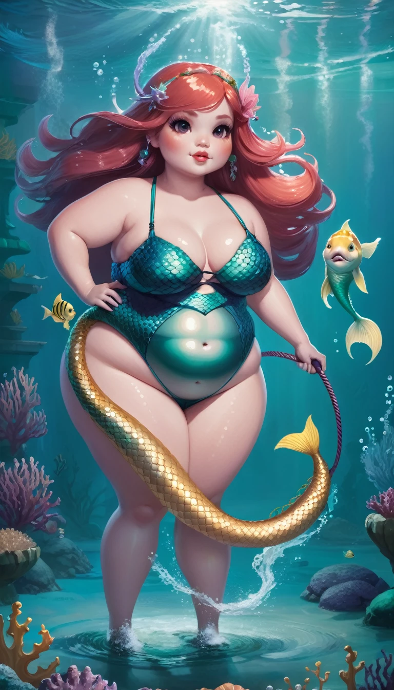 A chubby mermaid with a whip in her hand