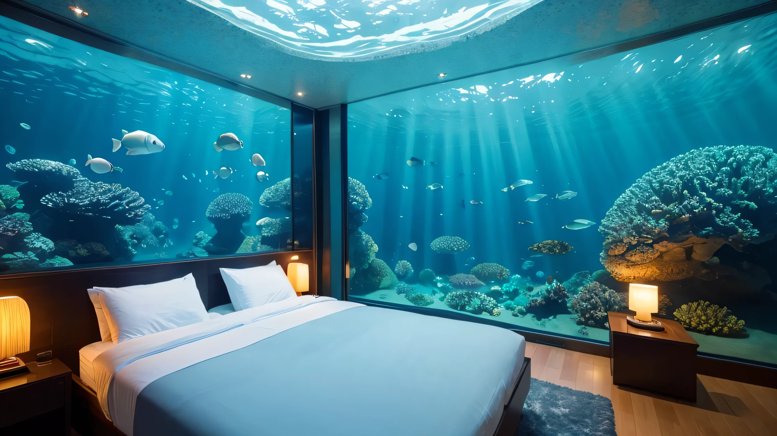 ８ｋ、room、bed、Like a luxury hotel、Open World，seabed，amazing colors，Draw the underwater world，Fluctuations in fresh water，Fluctuating bubbles in water，Very wide angle shot，Fantastic artistic expression， Curved、Large windows、Sense of presence、Fish that look like they&#39;re about to jump out、Frameless windows booklet、The building is made of glass、White world