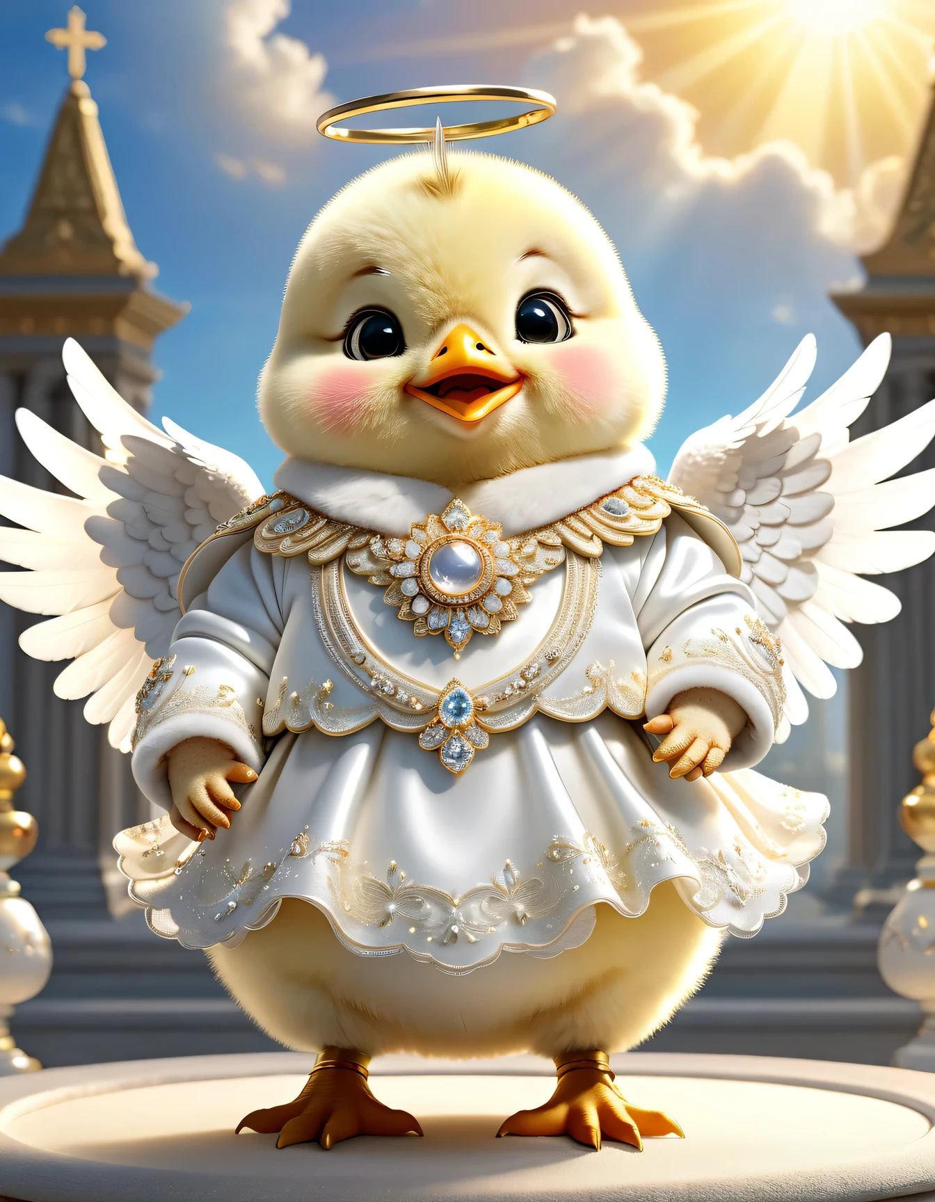  photorealistic portrait of Dressed animals-a ((fat)) ((baby chick)) angel,(furry), (elegant pose:1.5), (hands on hips:1.5),(smile:1.5),high quality,(angel wings),(lovely) ,intricate details, Wearing angel clothes , (angel's ring above head), highly detailed ((angel wings)) ,highly detailed decorations of clothes, angel boots , (happy), soft lighting,(full body image:2.0),holy temple background,clouds,score_9, score_8_up, score_7_up, score_6_up, score_5_up, score_4_up,