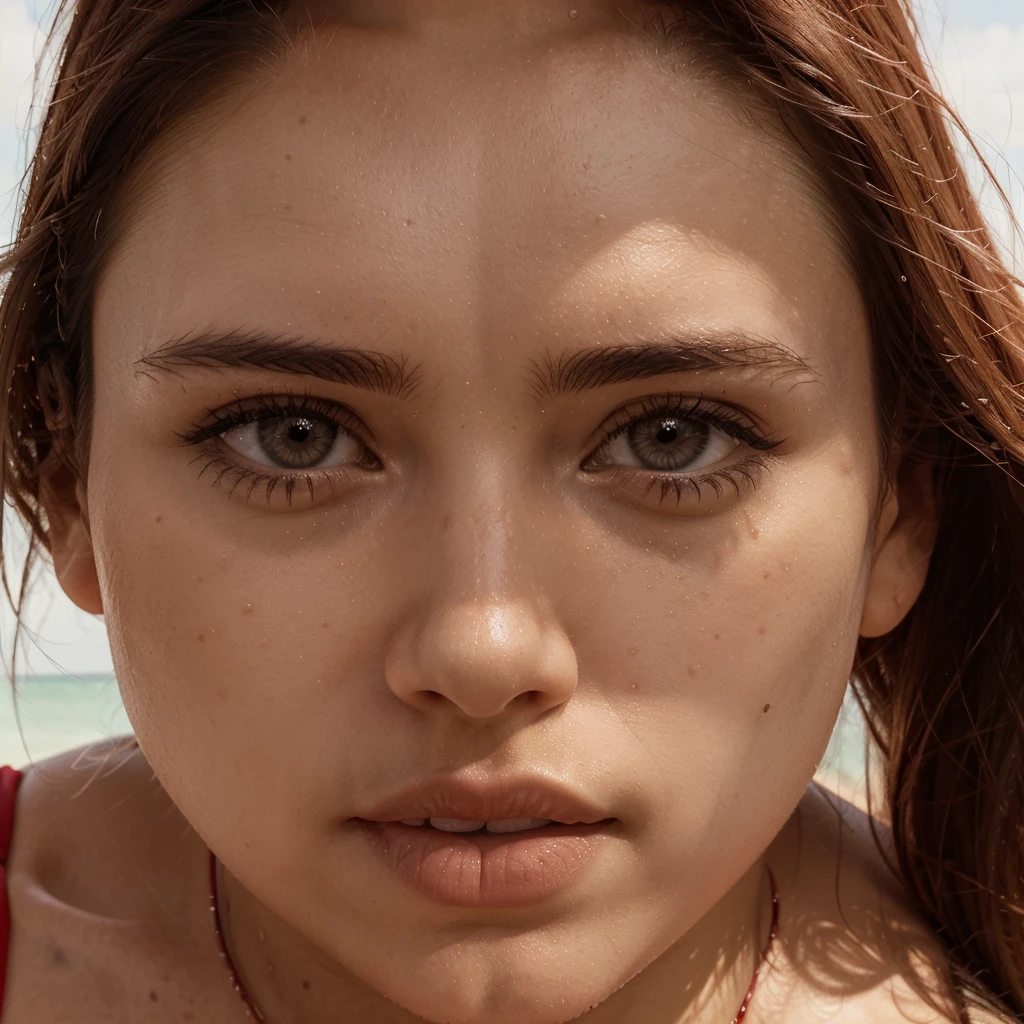 a close up of a woman in a red bikini top posing for a picture, wide angle dynamic portrait, wideangle portrait, wide - angle portrait, perfectly centered portrait, centered portrait, vertical portrait, photorealistic imagery, symmetry ; photorealistic, symmetrical centered portrait, medium close up shot, merge, medium close-up shot, high angle close up shot