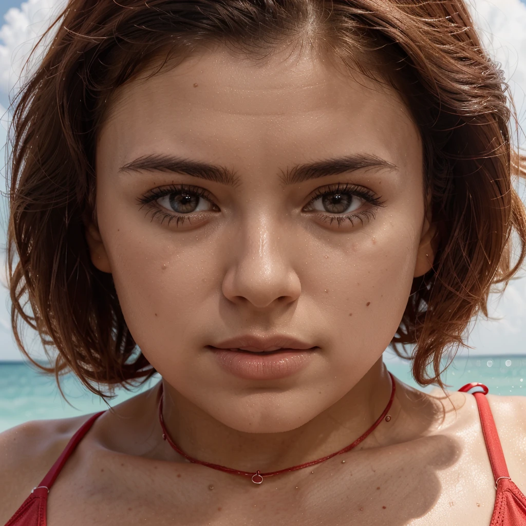 RAW uhd portrait of 24-year-old blonde close-up, Natural red hair, castles, Wavy, (brown-eyed woman),seaside, lingerie, teal colour, lace lingerie, sunshine, sand, waves, realistic, beautiful, full boduy, laying on beach, necklace, Prehistory, (Red Summer Dress), (cutout), Detailed (textures!, Hair!, brightness, Color!, imperfections:1.1), High detail of light eyes, (looking at the camera), specular lighting, dslr, ultra quality, sharp-focus, Sharp, Depth of field, Film grain, (centered), Fujifilm XT3, Crystal clear, The center of the frame, cute face, sharp-focus, bokeh, (dimly lit), Low key.