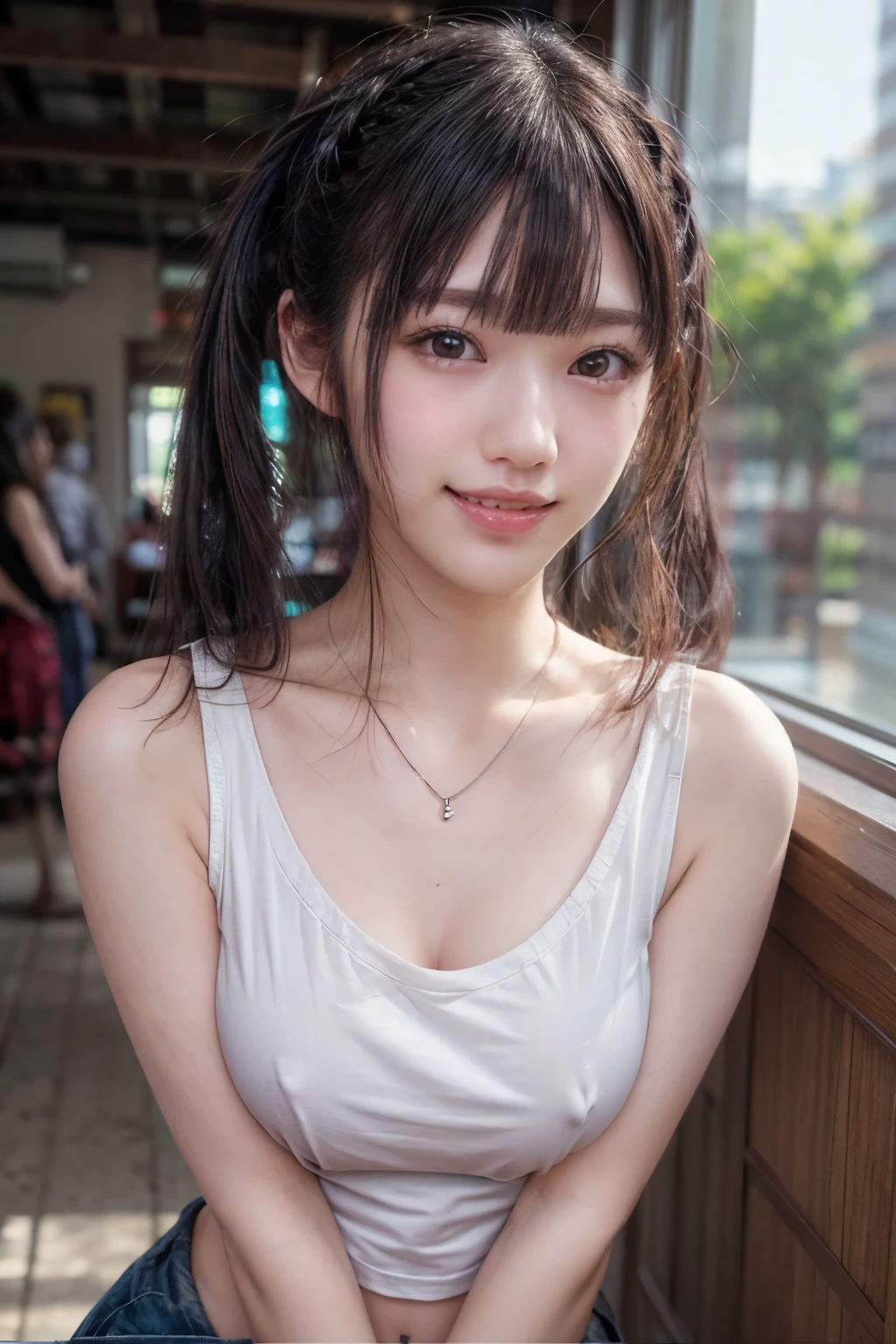 (nsfw:-2.0), (realistic, photo-realistic:1.4), (masterpiece, best quality:1.2), RAW photo, high resolution, intricate details, extremely detailed, realistic and sharp details, cinematic lighting, portrait, (bust shot, frontal photography, view from below:1.2), solo, 1girl, a 18 years old Japanese woman, dark hair, (straight hair, pigtails hair, blunt bangs:1.3), slender body, (smaller face), detailed face, detailed eyes, sophisticated nose, pale skin, collarbone, necklace, jewelry, (small breasts), seductive pose, cheerful grin, (white t-shirt, sleeveless, shorts), (no_bra, covered_nipples:1.2), photo background, indoors,,,[Mayu Watanabe,AKB48]