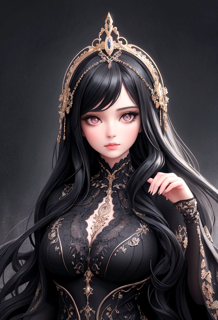 a woman with long black hair, beautiful detailed eyes, beautiful detailed lips, extremely detailed face and features, flowing black hair, intricate hairstyle, elegant and graceful pose, detailed clothing, photorealistic, 8k, highly detailed, masterpiece, digital painting, cinematic lighting, dramatic colors, moody atmosphere, elegant and sophisticated