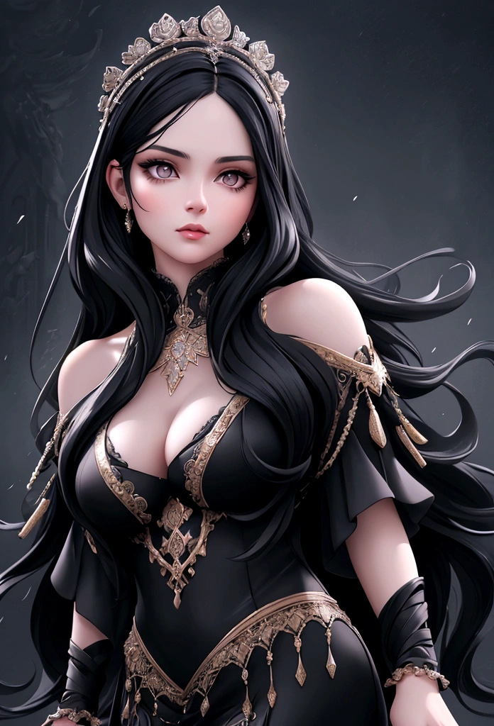 a woman with long black hair, beautiful detailed eyes, beautiful detailed lips, extremely detailed face and features, flowing black hair, intricate hairstyle, elegant and graceful pose, detailed clothing, photorealistic, 8k, highly detailed, masterpiece, digital painting, cinematic lighting, dramatic colors, moody atmosphere, elegant and sophisticated