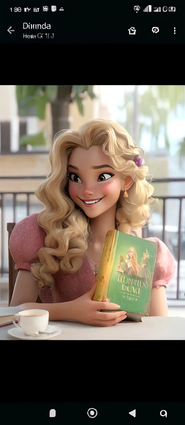 there is a blonde woman with long curly hair, Grinning, sitting at the table with a book in hand