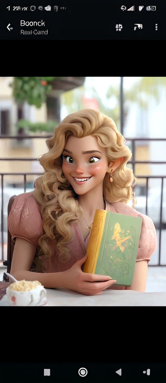 there is a blonde woman with long curly hair, Grinning, sitting at the table with a book in hand 