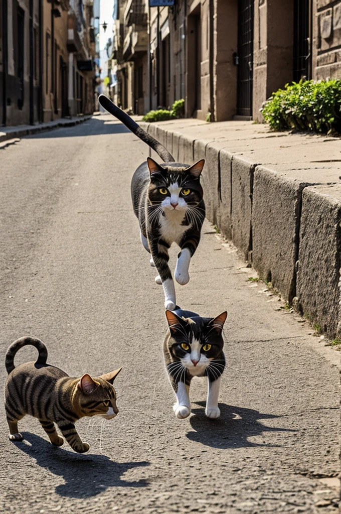 /imagine a cat chasing a mouse through a city with obstacles like stones and roadside dogs