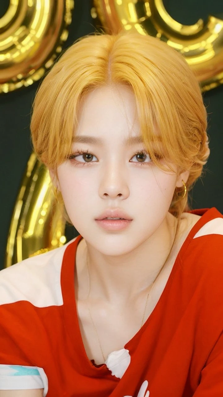 a close up of a person in a red shirt and a gold background, Portrait of Blackpink's Jossi, roseanne park by blackpink, South Korean popular makeup, sun yunjoo, female korean idol portrait, kpop idol portrait, Yellow hair, Popular Korean makeup, medium yellow blonde hair, Sakimichan, golden red hair, heonhwa choe