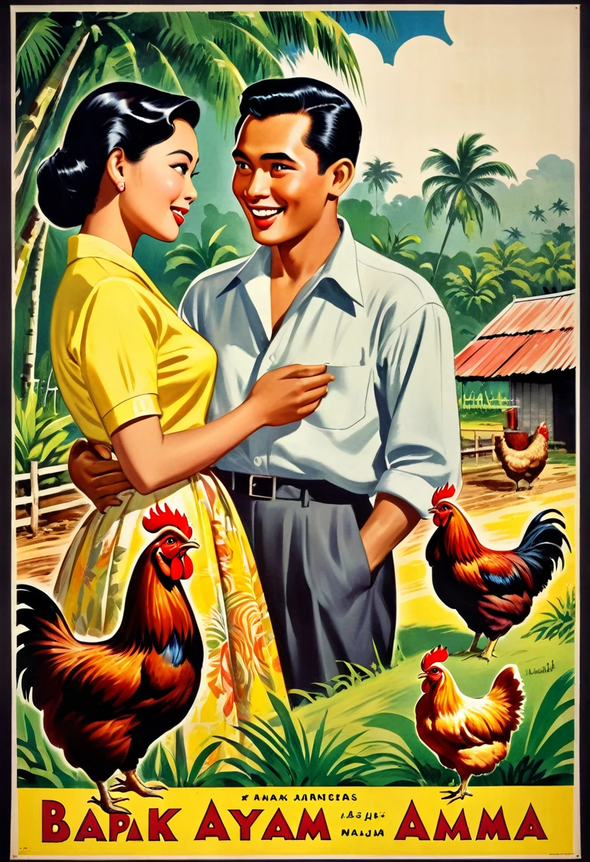 vintage film poster illustration. A vintage movie poster of romantic film in 1950's style, title "Bapak Ayam" . featuring retro style with a black border around all edges. a handsome Malay man, talking to beautiful young Malay woman. they are talking in front of a chicken farm in a malay village .
