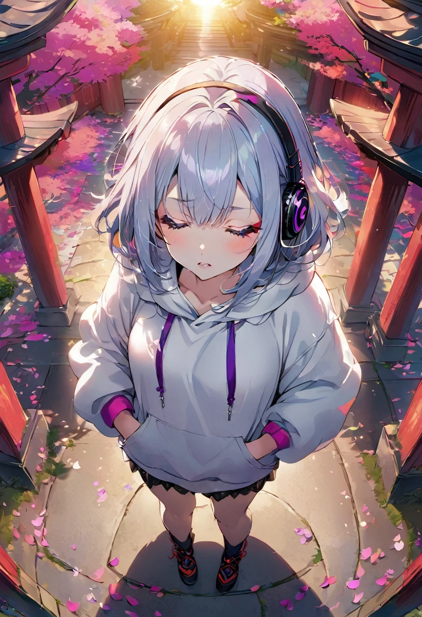 ((Masterpiece)), ((best quality)), (Anime:1.3), (super detail:1.2), (High Definition:1.3), (Professional Photography:1.3), cute young Girl, (pray hands), (Look down), (closed eyes), (Her not looking at camera), Glossy unruly hair, (loose swept bangs), (silver ash hair), medium hair, big eyes, (Eye bags:1.3), (Long eyelashes), colorful eyes, (frown), Glossy lips, (jagged teeth), ((white hoodie with oversized)), barearms, cute, (hands in pocket), (colorful:1.3), gothic makeup, Early morning, (standing), (at Shinto Shrine), colorful petals dance around her, beautiful sunset, wearing headphones, (from above:1.8),