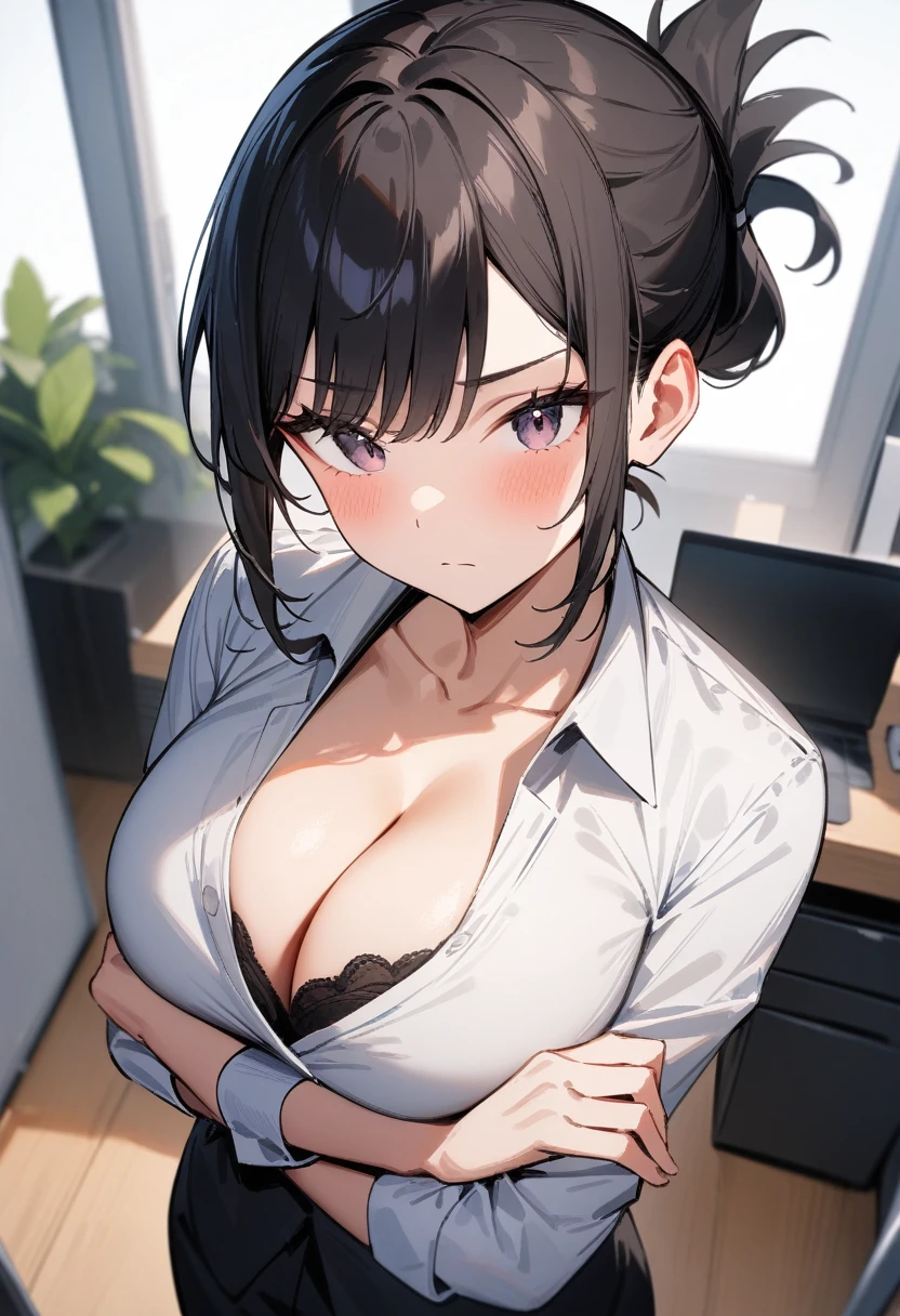 masterpiece, best quality, very aesthetic, absurdres, 1girl, office lady, folded ponytail, black hair, bangs, eyebrows, large breasts, cleavage, bra peek, arms under breast, crossed arms, standing, expressionless, office