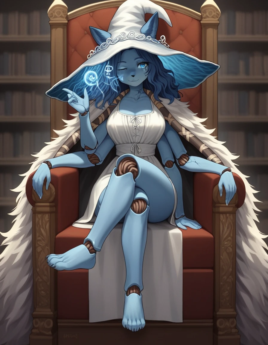 Score_9, score_8_up, score_7_up, , 1girl, solo, kemono style, ranni the witch from Elden Ring, one eye closed, magic symbol on closed eye, (she’s an Anthro furry blue fox girl, fox snout):1.4, black nose, wavy hair, cracked skin, colored skin, blue furry body, feet paws, 4 toes, extra arms, four arms, doll joints, dress, hat, cloak, sitting on a fancy throne, in a library, legs crossed, front view