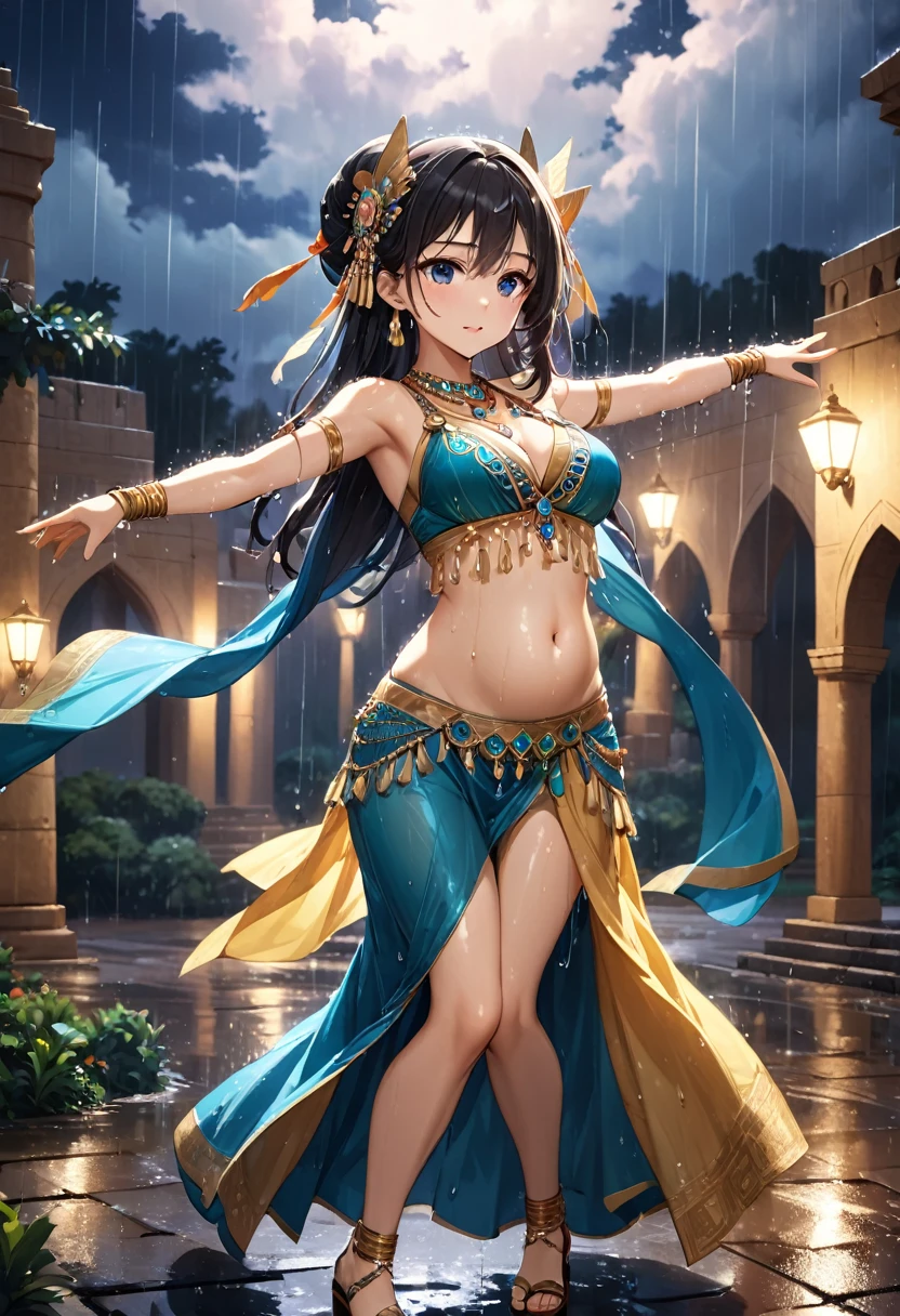 Highest quality, Super quality, 16K, Incredibly absurd, Very detailed, 2.5D, delicate and dynamic, Movie Scenes, official, Poster Design, Egypt, Night Sky, Rain Clouds, , Palace Garden, Ancient Roman ruins, Rainy night, , , wet road, puddle, puddleに光が反射, , , Small face, Extremely delicate facial expression, Delicate eye depiction, Upper body close-up, erotic, sole sexy lady, healthy shaped body, 25 years old lady, Cool woman, 170cm tall, big firm bouncing busts, belly dancer, Belly Dance Costumes, 複雑な構造のBelly Dance Costumes, 華やかなBelly Dance Costumes, , Sandals, Alluring, Sad expression, Wet with rain, Alluringな踊り, Belly dancing in the rain,