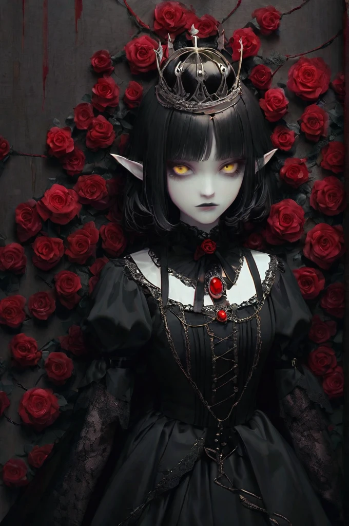 ((Лучшее качество)), ((шедевр)), (подробный), elf, vampire, black medium hair, gothic clothes, gothic, yellow eyes, blank stare, tall, medium hair, short bangs, pale skin, gothic style, blood, background of many bloody roses, lies in roses, bloody background, gothic aesthetics, curly black hair with bangs, neck decoration, a crown of thorns
