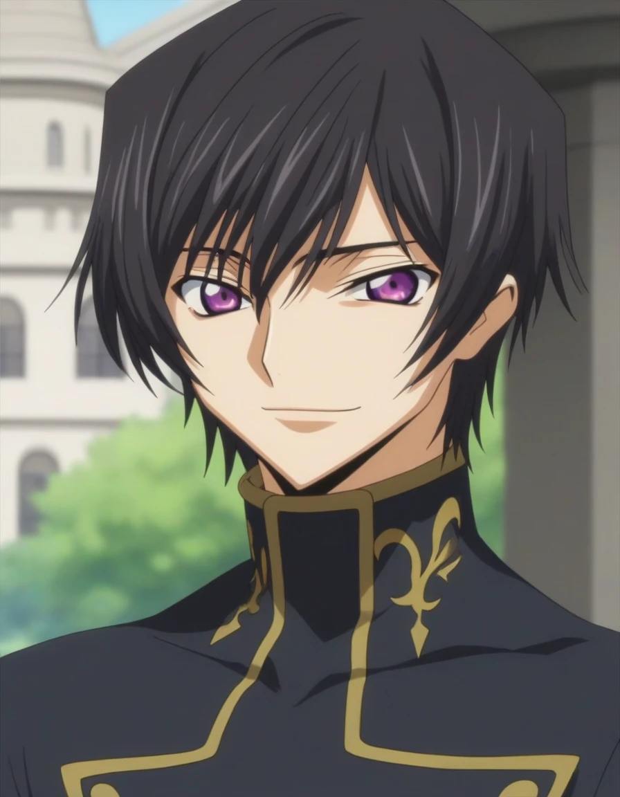 score_9, score_8_up, score_7_up, source_anime, rating_safe, intricate details, anime screencap, , , looking at viewer, depth of field, 1boy, solo, male focus, lelouch_lamperouge, black hair, purple eyes, bangs, smile, cute, black suit costume, castle, day.