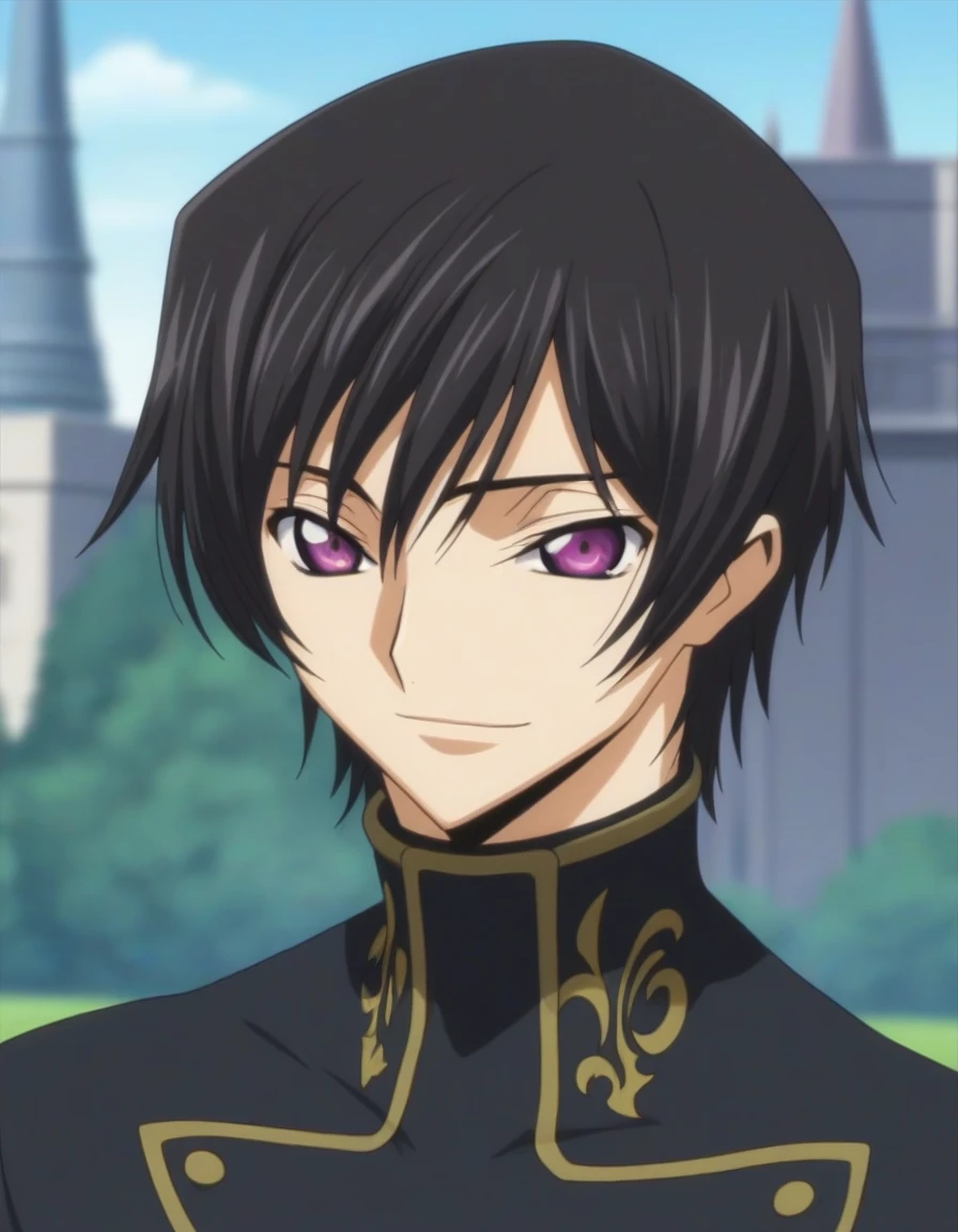 score_9, score_8_up, score_7_up, source_anime, rating_safe, intricate details, anime screencap, , , looking at viewer, depth of field, 1boy, solo, male focus, lelouch_lamperouge, black hair, purple eyes, bangs, smile, cute, black suit costume, castle, day.