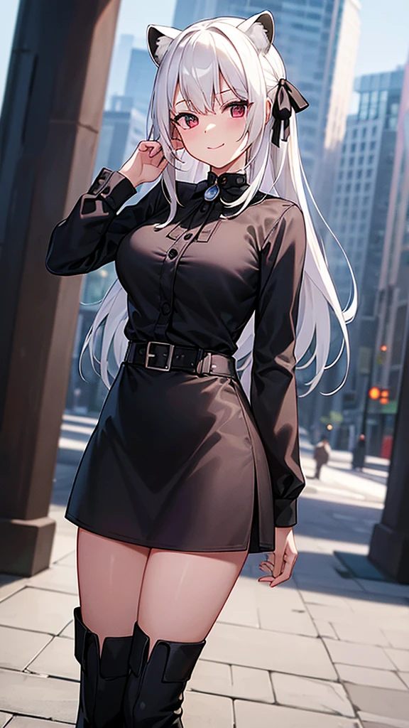 (work of art, best qualityer), 2d, 1 girl, medium sized breast, details Intricate, White hair, shorth hair, eyes black, gazing at viewer, Black raccoon ears, raccoon tail, black hair ribbon, hand on own face, Red shirt, black pants, cowboy shot, black trim, Black boots, standing, ssmile, gazing at viewer, gaping mouth, ever forward, city background, choker, snowy background
