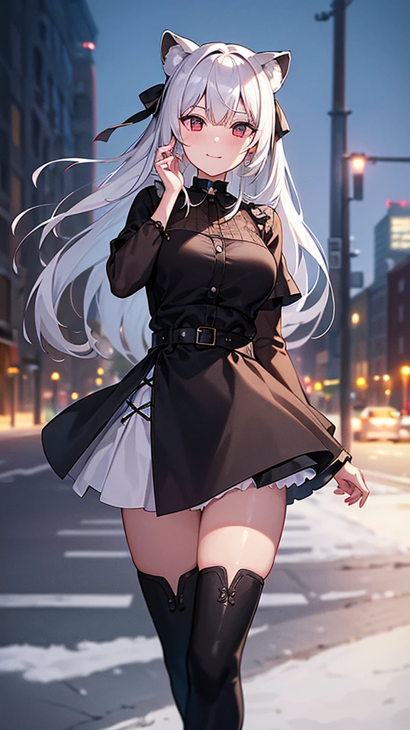 (work of art, best qualityer), 2d, 1 girl, medium sized breast, details Intricate, White hair, shorth hair, eyes black, gazing at viewer, Black raccoon ears, raccoon tail, black hair ribbon, hand on own face, Red shirt, black pants, cowboy shot, black trim, Black boots, standing, ssmile, gazing at viewer, gaping mouth, ever forward, city background, choker, snowy background