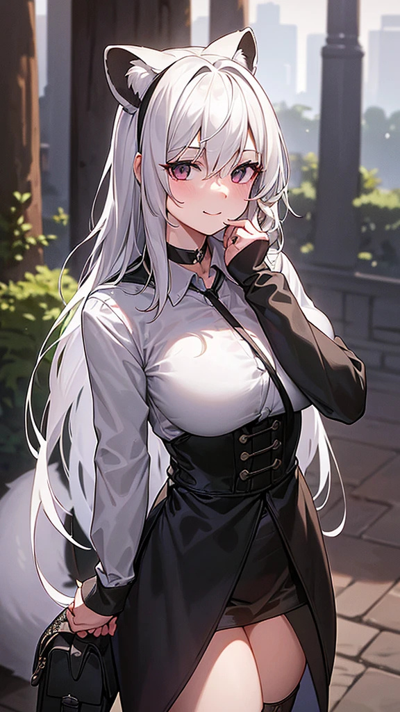 (work of art, best qualityer), 2d, 1 girl, medium sized breast, details Intricate, White hair, long hair, eyes black, gazing at viewer, Black raccoon ears, raccoon tail, trunk, hair ribbon, hand on own face, Red shirt, black pants, cowboy shot, black trim, Black boots, standing, ssmile, gazing at viewer, gaping mouth, ever forward, forest background, choker