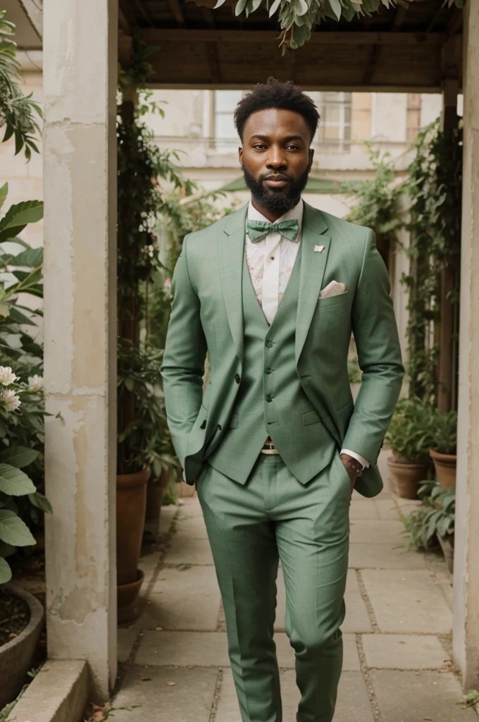 Bald African man with a long beard wearing a Green sage Bohem chic suit for man with floral bow tie for wedding. The bow tie is made of floral fabric. The man is standing in an floral garden. He is wearing brown chic shoes
