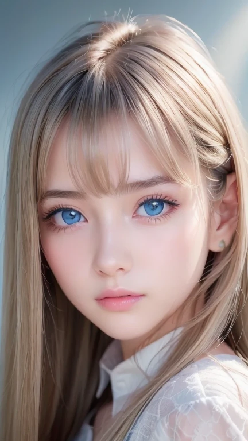 Dressed、(Photorealistic:1.4)、(ハイパーRealistic:1.4)、(Realistic:1.3)、(Smooth lighting:1.05)、(Improved cinematic lighting quality:0.9)、32k、1 Girl、Very cute expression、A beautiful 16 year old blonde girl、Bangs over the eyeessy bangs、Realistic top lighting、Backlight、Face Light、Super long silky platinum hair、Blonde rays、(Bright light:1.2)、(quality improvement:1.4)、(Highest quality realistic textured skin:1.4)、Very beautiful detailed large shining light blue eyes、Very big eyes、Detailed face、A careful eye for quality、(Tired, sleepy and satisfied: 0.0)、Face close up、T-Shirts、(Enhances the body line:1.1)、(Enhances the beauty of skin texture:1.1)、Cheek gloss highlighter