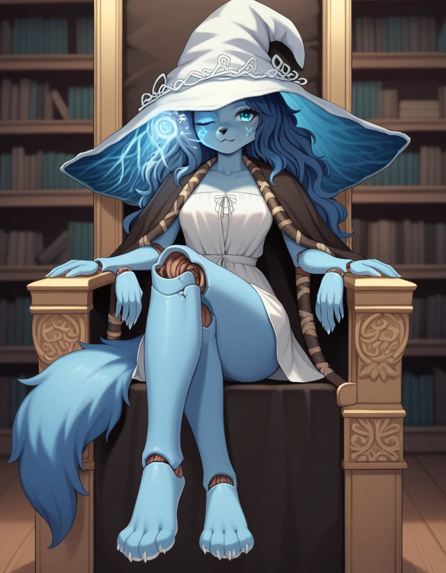 Score_9, score_8_up, score_7_up, , 1girl, solo, kemono style, ranni the witch from Elden Ring, one eye closed, magic symbol on closed eye, (she’s an Anthro furry blue fox girl, fox snout):1.4, black nose, wavy hair, cracked skin, colored skin, blue furry body, feet paws, 4 toes, extra arms, four arms, doll joints, dress, hat, cloak, sitting on a fancy throne, in a library, legs crossed, front view