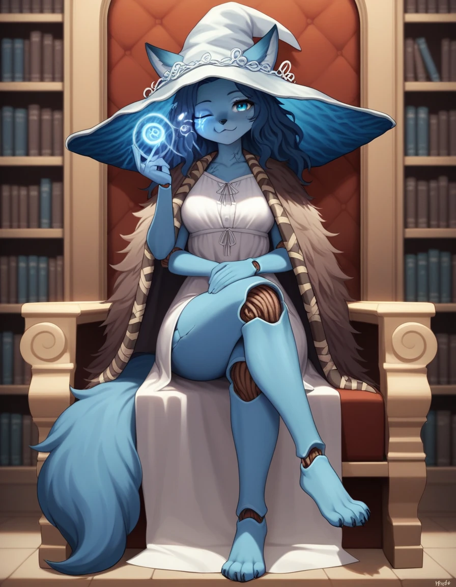 Score_9, score_8_up, score_7_up, , 1girl, solo, kemono style, ranni the witch from Elden Ring, one eye closed, magic symbol on closed eye, (she’s an Anthro furry blue fox girl, fox snout):1.4, black nose, wavy hair, cracked skin, colored skin, blue furry body, feet paws, 4 toes, extra arms, four arms, doll joints, dress, hat, cloak, sitting on a fancy throne, in a library, legs crossed, front view