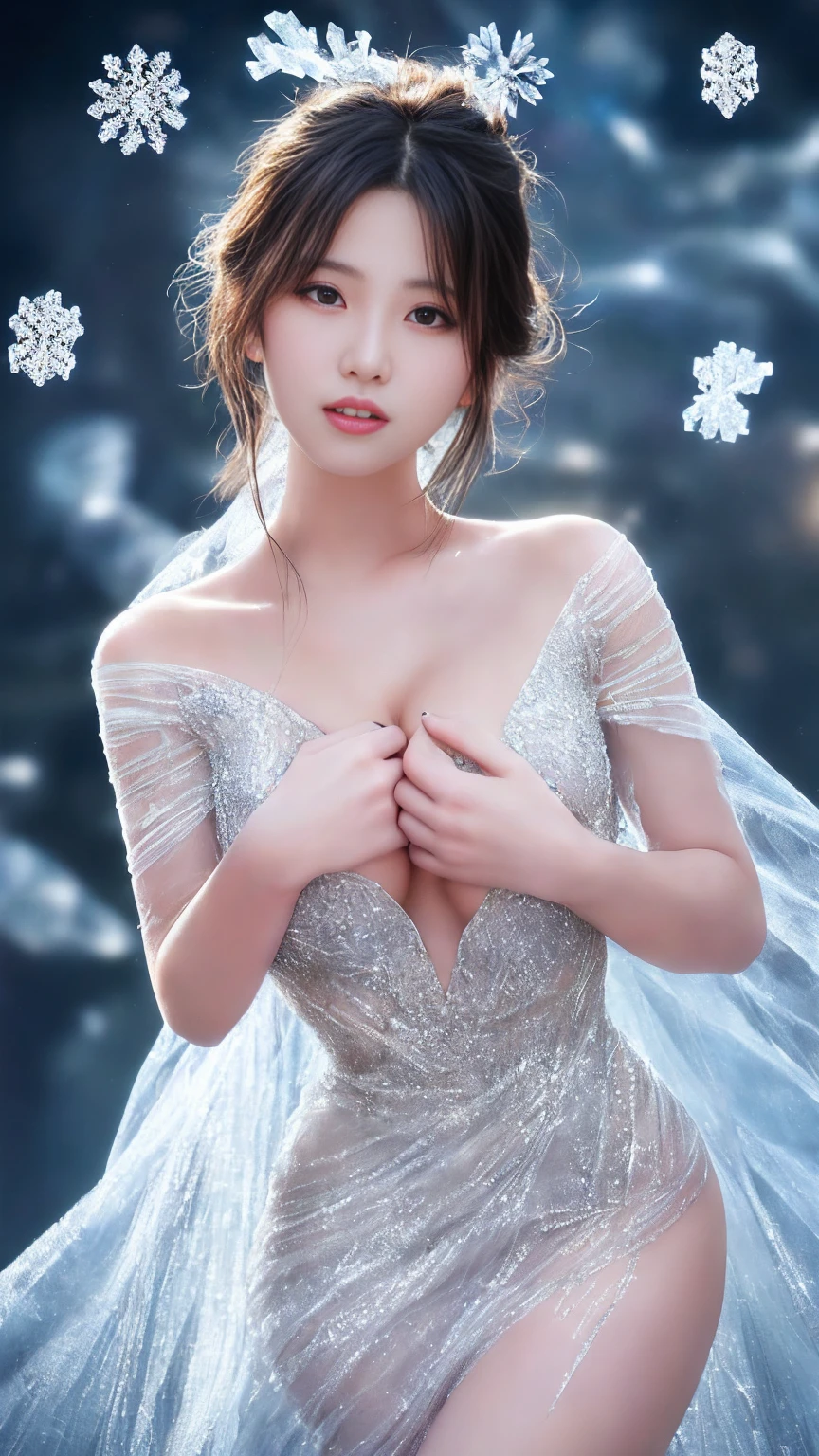Browsing Caution、最high quality、high quality、Best image quality、8K、最High resolution、High resolution、最high quality、masterpiece、RAW Photos、whole body写真、Detailed and realistic human body、Detailed and realistic skin、Realistic face in every detail、Detailed and realistic eyes、Detailed and realistic lips、Detailed and realistic teeth、Detailed and realistic ears、Detailed and realistic hair、Realistic reproduction of every detail、((Beautiful Hands(thumb1、reference4))、Realistic feet down to the last detail、Realistic breasts down to the last detail、Realistic areola down to the last detail、Realistic nipples down to the last detail、Realistic pussy down to the last detail、Realistic vagina down to the last detail、((Beautiful Japanese Girl))、(Japanese Model)、 ((18 year old beautiful girl))、(Black Hair)、(Random Hairstyles)、((whole body))、((Slim and perfect figure))、(Beautiful and firm breasts)、(whole body光沢肌、Fair skin)、(Full nudity)、(All Nude)、((Mysterious Cloth Wrapped in Ice(A dress made of ice))、((Frozen Dress))、((The frozen dress shows off her curves..))、((Extremely clear ice(Her skin is clearly visible through her ice dress..))、((Sexy pose(Ice crystals can be seen in the background))
