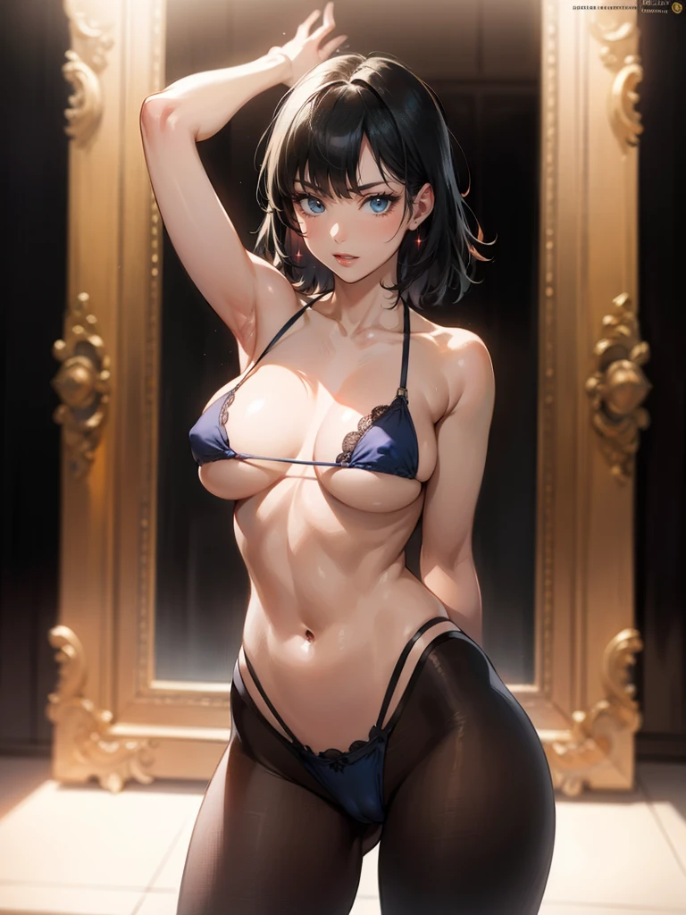 Hyper realistic super detailed sexy fubuki, Very detailed, expressions faciales sexy, seductive facial expressions, [:(Face detail: 1.4): 0.4], 16K resolution, 4k resolution, dinamic lighting, High definition resolution, (hyper realistic: 1.4),(contrasting background: 1.5), hyperrealistic arm), (Hyperrealistic legs), (peau propre), (lighting cinematic: 1.7), (intime), (Technologie NVIDIA RTX Ray Tracing),  hyperrealistic arm: 2), (Ventre plat parfait), (image couleur),fubuki, long hair, large breasts, mirror, room, brown transparent high leg stockings, thighs, tight cameltoe, see through pantyhose, looking at viewer , masterpiece, best quality, highly detailed, desire, blush, perfect hands, blush, shy, tight gap, skindentation, mirror, room, beautiful pose, half naked, deep cameltoe, super small micro lace transparent bikini g string, big breast, half naked, showing entire body, detailed vagina, super big  tits, detailed anus, beautiful perfect nipples, (huge breast)