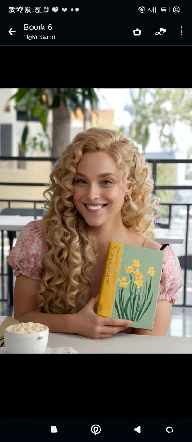 there is a blonde woman with long curly hair, Grinning, sitting at the table with a book in hand