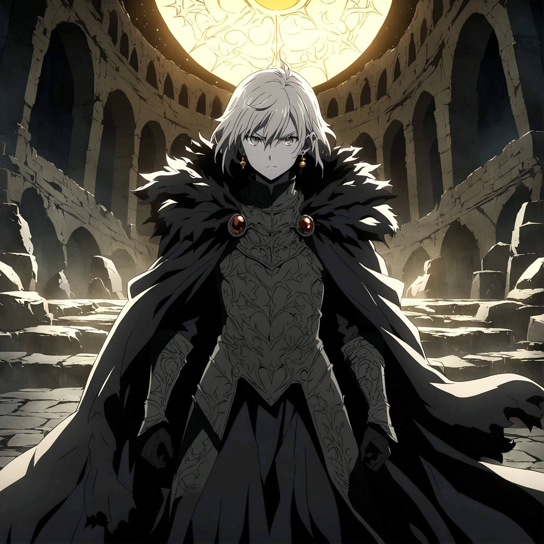 Man, gray skin, lean and defined body, gray hair shaved on the left side, gray eye, sun earring, cloak with sun symbol, serious expression, focus on the face, "Dark Souls-inspired anime design, filled with dramatic and impressive lighting, infused with creative details, ultra-fine 2D design, scenery bathed in creativity, boasting 2D anime resolution clarity, HD anime graphics, high-octane rendering"