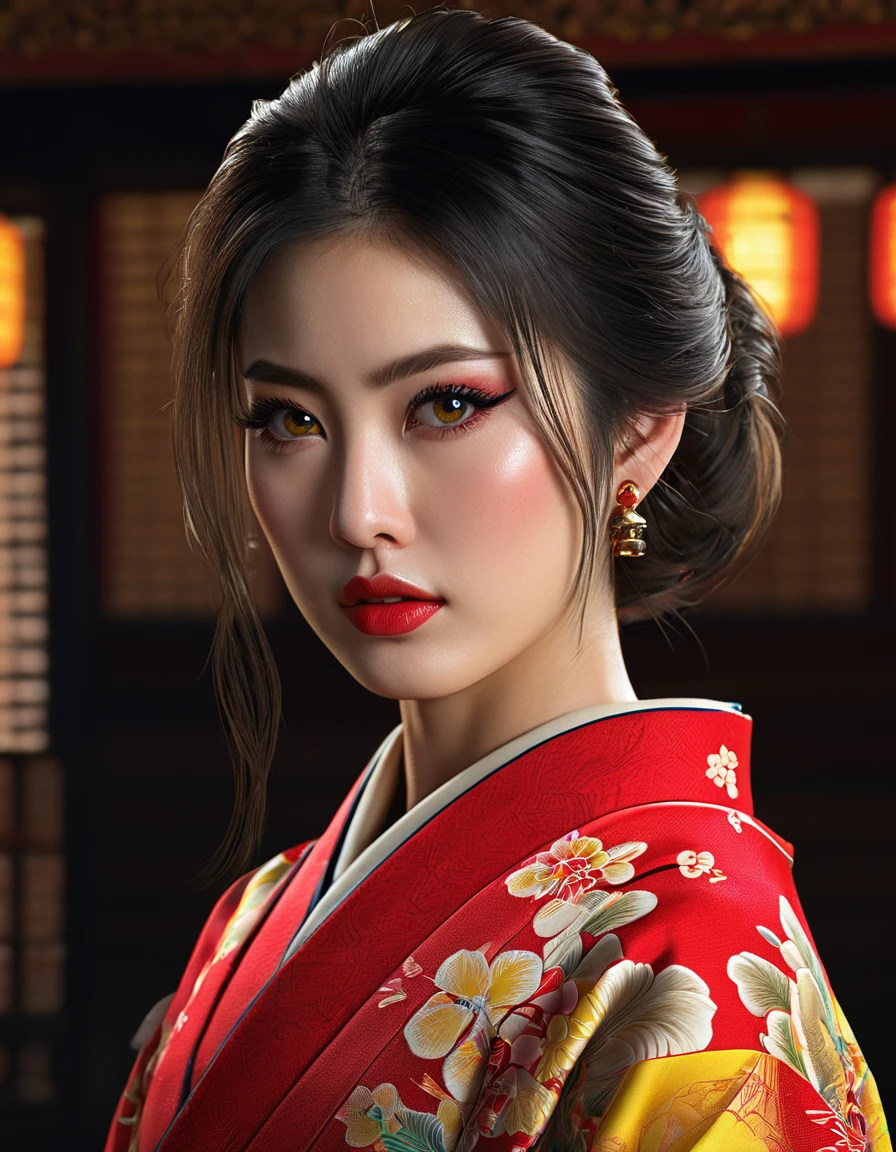 a beautiful japanese girl, detailed face, beautiful detailed eyes, beautiful detailed lips, extremely detailed eyes and face, long dark hair, hairpin, detailed bull-pattern tattoo on bare back, solemn expression, traditional red kimono with yellow stripe, dramatic lighting, photorealistic, ultra-detailed, realistic, vivid colors, concept art, best quality, 8k, highres, masterpiece, physically-based rendering, extreme detail description, professional
