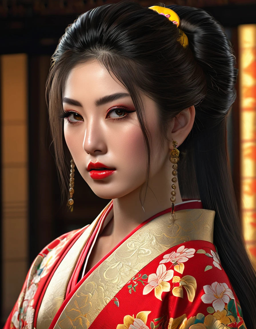 a beautiful japanese girl, detailed face, beautiful detailed eyes, beautiful detailed lips, extremely detailed eyes and face, long dark hair, hairpin, detailed bull-pattern tattoo on bare back, solemn expression, traditional red kimono with yellow stripe, dramatic lighting, photorealistic, ultra-detailed, realistic, vivid colors, concept art, best quality, 8k, highres, masterpiece, physically-based rendering, extreme detail description, professional